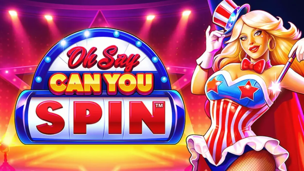 Tampilan visual mesin slot Oh Say Can You Spin dengan tema patriotik dan lampu panggung.